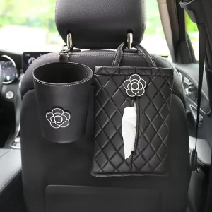 女性用レザーペーパータオルバッグ,クリエイティブな椿の花,車の後部座席のヘッドレストハンギングゴミ箱,カーアクセサリー